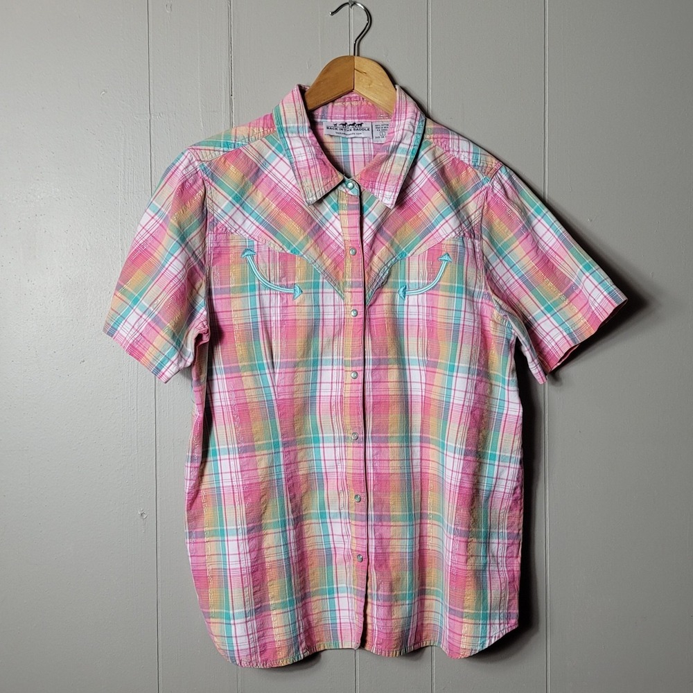 BACK IN THE SADDLE PREPPY METALLIC PLAID WESTERN SHIRT SNAPS WOMENS SIZE LARGE